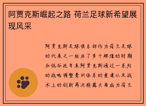 阿贾克斯崛起之路 荷兰足球新希望展现风采